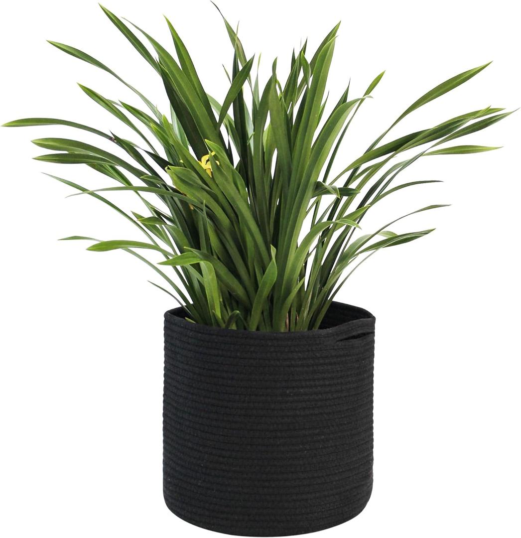 Cotton Rope Plant Basket, Woven Basket Planter for 10 inch Pot, Round Indoor Tree Pot Cover, Small Storage Bin Organizer, Modern Bins for Plants and Home Decor, 11X11, Black