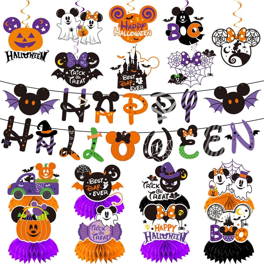 25Pcs Mouse Halloween Decorations, Need DIY Happy Halloween Banner, Hanging Swirls and Honeycomb Centerpieces Spooky Ghost Pumpkin Candy Boo for Horror Party Decorations