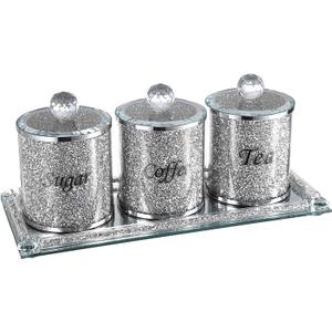 JUXYES Set of 4 Sparky Glass Crushed Diamonds Canisters Set for Sugar Coffee Tea Features Tray, Luxurious Storage Containers Sets with Lids Decorative Storage Pots for Kitchen Counter Dining Room