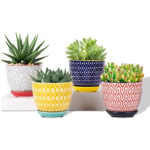 Selamica Ceramic Plant Pots, 4.6 Inch Flower Pots for Indoor Plants, Succulent Pots with Drainage Hole & Saucer, Succulent Planters for Succulent Cactus, Home Decor, Set of 4, Assorted Colors