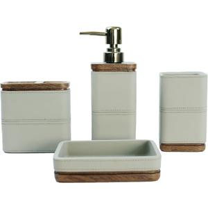 Hymmah Juego de accesorios de bao con diseo de patrn de cuero, decoracin de bao de granja, juego de regalo de resina de 4 piezas, necesidades de apartamento, contiene tarro de hisopo de algodn, (Beige claro)
