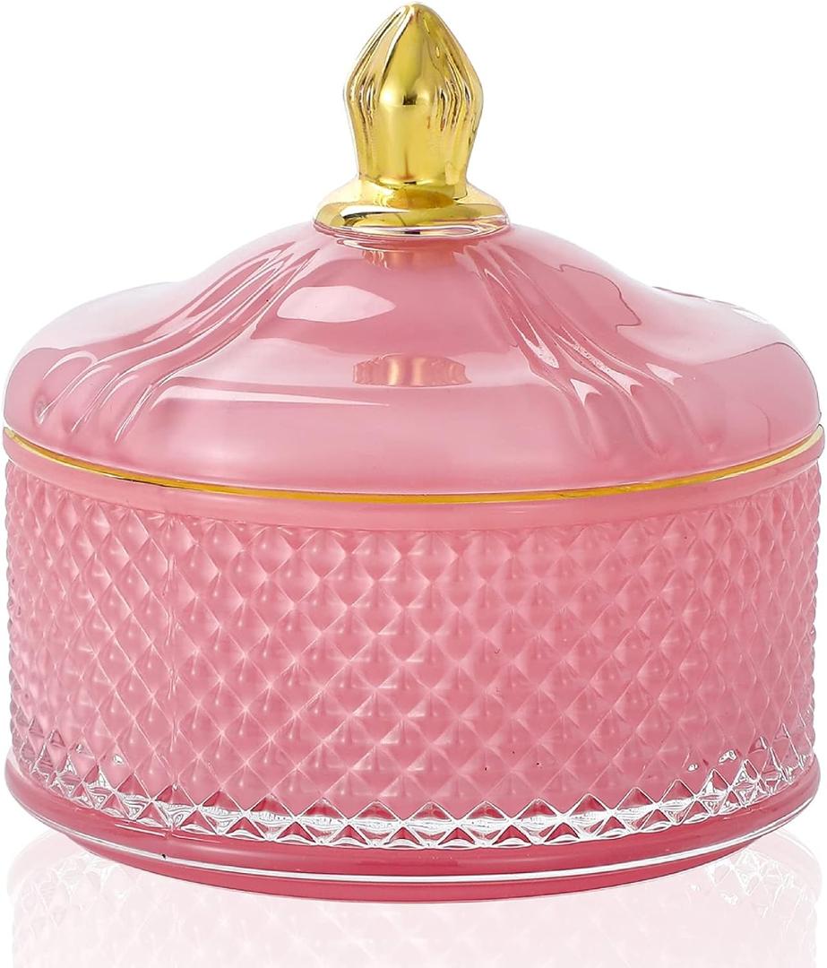 Glass Jewelry Jar Diamond Faceted Candy Storage Bowl with Lid Sugar Cans Food Container,Decorative Jewelry Box Apothecary Canisters,Kitchen Bathroom (5 Ounces, Pink)