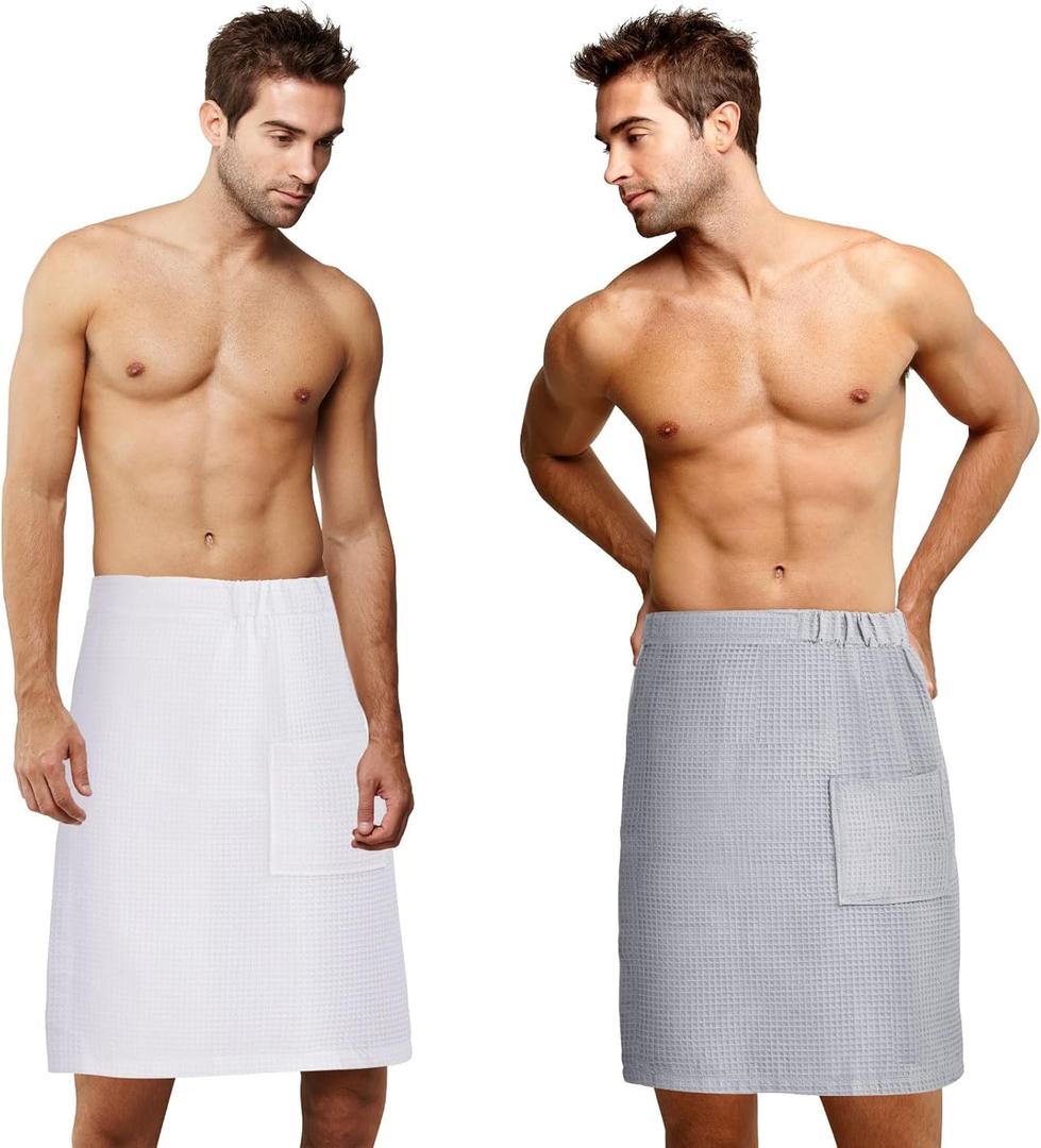 Newwiee 2 Pcs Men's Bath Towel Wrap Shower Sauna Wrap 59 x 24 Inches Waffle Adjustable Microfiber Quick Absorbent Spa Body Towel for Men Dorm Room Gym, Gift for Birthday Christmas(Gray, White)
