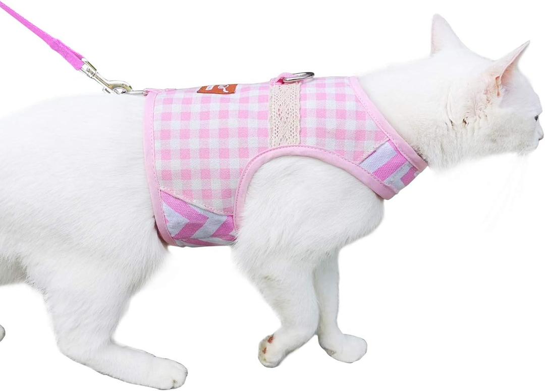 Cat Harness and Leash for Walking Escape Proof, Adjustable Cat Vest Harness, Padded Stylish Cat Walking Jackets, Pink Plaid, Large (L 8-12LBS)