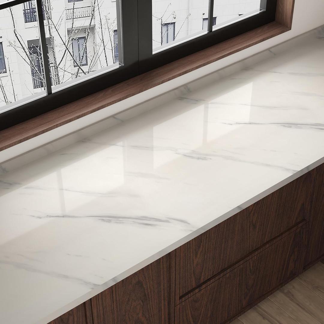 JSEVEM 24"354" Extra Thick White Grey Wallpaper Peel and Stick Removable White Gray Marble Contact Paper Vinyl Modern Faux Glossy Textured DIY Granite Wall Sticker for Bedroom Bathroom Kitchen Island