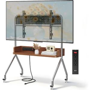 Rolling TV Stand with Power Outlet & Wooden Shelf, Stainless Steel Mobile TV Carts for 32-75 Inch TVs up to 110 lbs,Height Adjustable Portable TV Stand with wheels and Pegboard Storage for Home Office