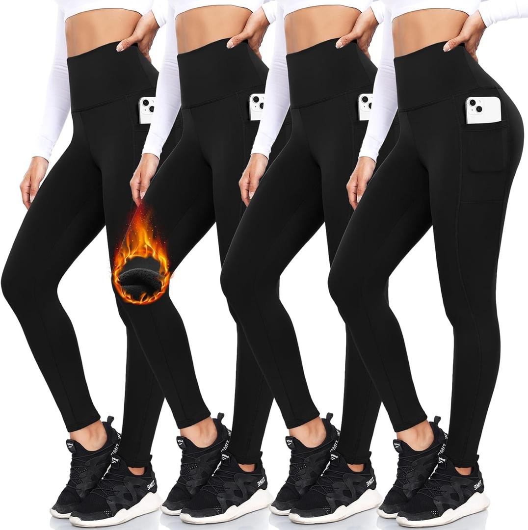 FULLSOFT 4 Pack Fleece Lined Leggings with Pockets for Women High Waisted Thermal Winter Warm Yoga Pants for Workout Running (Small-Medium)