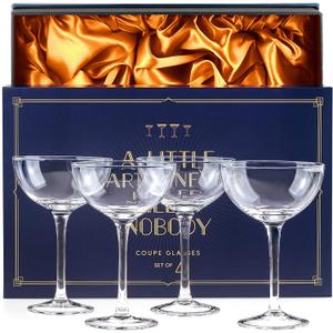 Vintage Crystal Champagne Coupe Glasses | Set of 4 | 4-5 oz Classic Cocktail Glassware - Martini, Manhattan, Cosmopolitan, Sidecar, Daiquiri | 1920s Speakeasy Retro Style Saucer Goblets