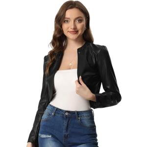 Allegra K Faux Leather Jacket for Women's Open Front Long Sleeve PU Cropped Leather Jacket Coat (Medium)