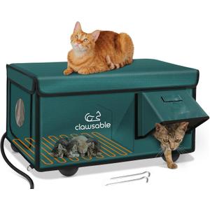 Indestructible Heated Cat House for Outside Cats Winter, 100% Weatherproof, Safe Escape Door, Insulated Outdoor Cat Shelter with Heater for Feral Barn Cat Kitty (Forest Green, 26"x16"x14")