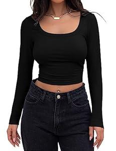 MEROKEETY Women's Long Sleeve Square Neck Crop Top Ribbed Slim Fitted Y2K Casual T-Shirt Tops