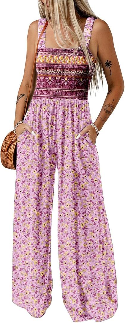 Dokotoo Women's Casual Loose Overalls Jumpsuits One Piece Sleeveless Printed Wide Leg Long Pant Rompers With Pockets (Medium, Pink)