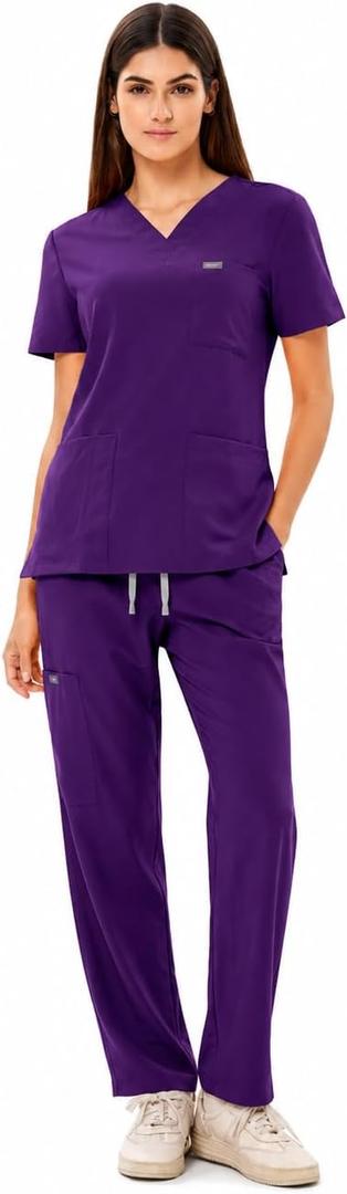 Women's Ultra-Light Medical Scrub Set-130GSM Summer Cooling Fabric-4-Way Stretch, Cargo Pants & V-Neck Top-6-Pocket XXL Purple