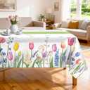 Tulip Spring Floral Table Cloth Rectangle Machine Washable Summer Lavender Tablecloth, 55 * 70 inch, Polyester Flower Table Cover for Easter Kitchen Dinner Party Outdoor Decor