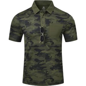 MoFiz Men's Camo Polo Golf Shirt Hiking Dry Fit Short Sleeve T-Shirts Pique Collared Polo Jersey (Green, XXXL)