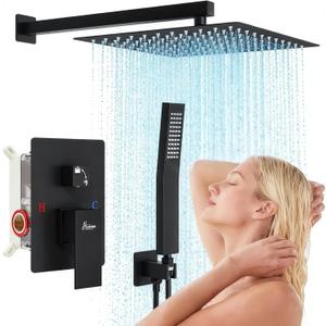 Hawkrown 10 Inch Luxury Rain Shower Faucet Set, Matte Black Shower System with Rainfall Shower Head and Handheld Spray, SUS304 Stainless Steel and Solid Brass Wall Mounted Shower Valve Trim Kit