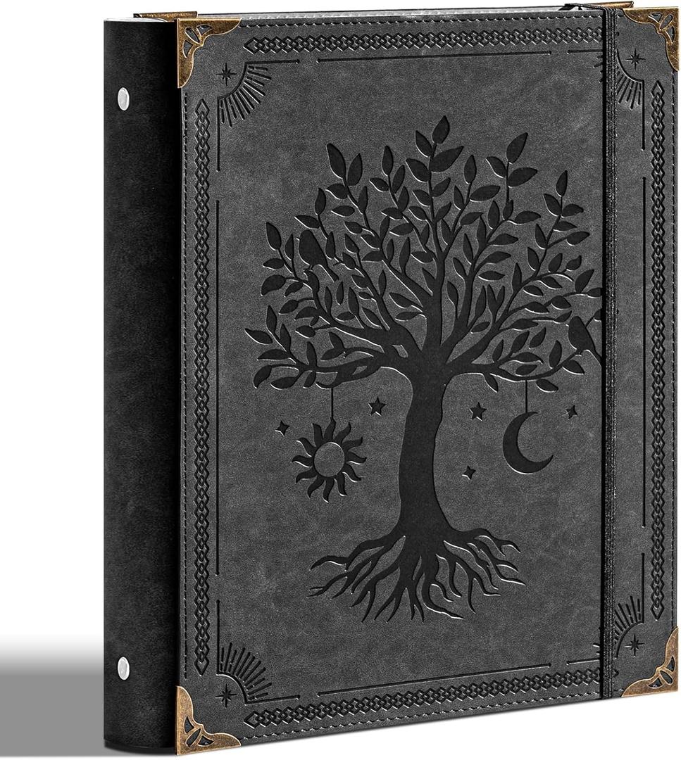 Ovesmusl PU Leather 3 Ring Binder 1 Inch Round Ring Binder Holds 200 Sheets 8.5"x11" Letter Size Paper, Wedding Family History Notebook Cover Loose Leaf Organizer, Black Tree