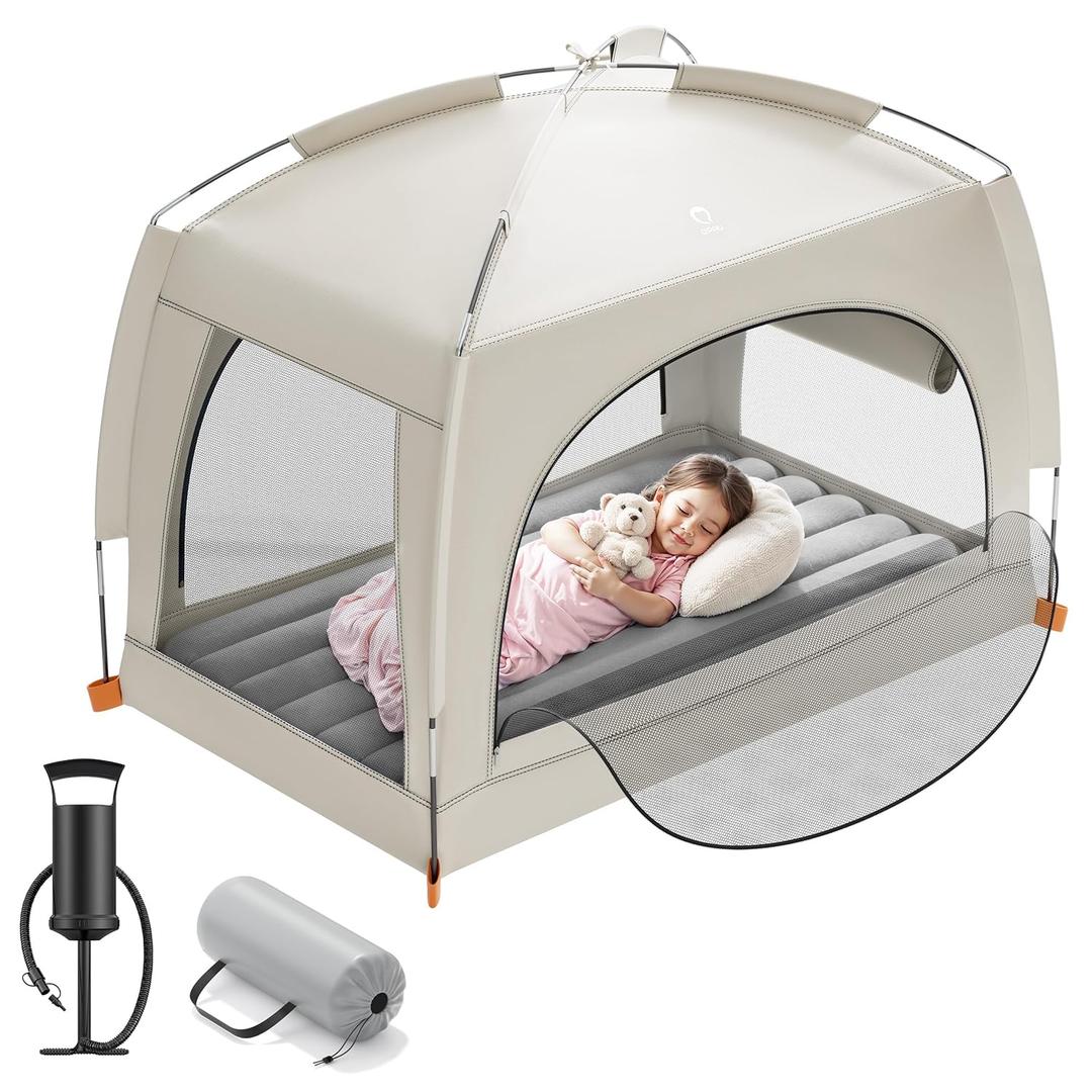 QPAU Inflatable Toddler Travel Bed with Tent  Lightweight Blow Up Kids Air Mattress with Hand Pump  Indoor & Outdoor Portable Sleeping Solution for Camping, Travel, Home, Grandmas  Ages 3+ (A-Khaki Gray)