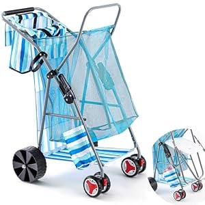 DoubleFill Beach Cart with Big Wheels for Sand Foldable Beach Buggy Wide Wheel Storage Wagon Lightweight Rust Free Aluminum Frame with Body Board Holder Removable Tote for Most Terrain (Blue White)