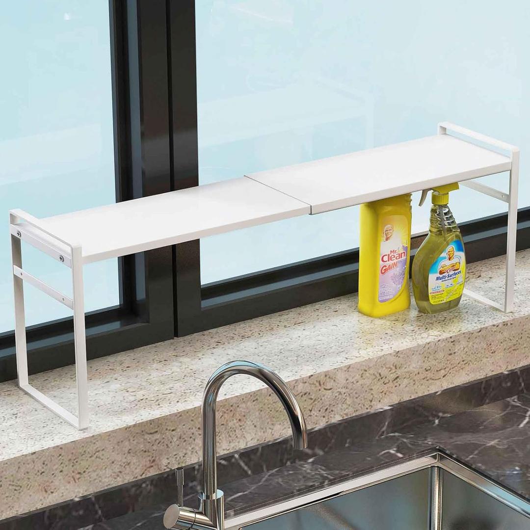 1pcs Small Narrow Tall Shelf for Windowsill Kitchen Organizer Window Sill Plant Shelf Stackable Shelves Bathroom Sill Thin Shelves for Narrow Spaces Counter Top Racks (White) (L13.8-23.6'' * W3.5'' * H7.5'')
