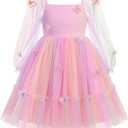 Kids Girls Birthday Party Long Sleeve Star Glitters Tulle Tutu Dress 3D Butterfly Star Sequins Ruffle Dress, 7-8Yrs