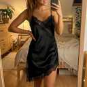 XBTCLXEBCO Women's Satin Lace Cami Top Silk V Neck Spaghetti Strap Camisole Asymmetrical Hem Flowy Long Lace Tank Slip Dress (Black, L)