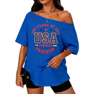 Women Off The Shoulder Tops Funny Graphic Short Sleeve Tees Beach Outfit (Blue, XL)