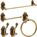 Zonon 5 Pieces Antique Brass Bathroom Hardware Accessories Set Vintage Towel Rack Toilet Paper Holder Towel Ring Robe Hook Wall Mounted for Bathroom Toilet Kitchen(Elegant)