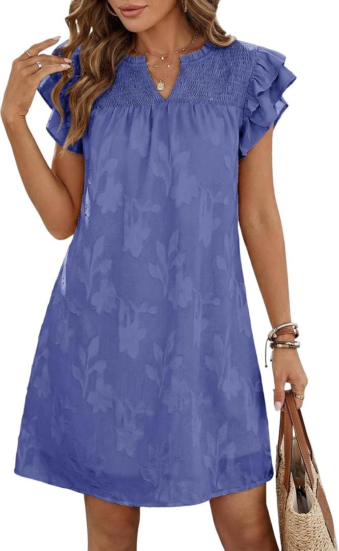 Dokotoo Womens Summer Dresses 2026 Ruffle Short Sleeve Casual V Neck Smocked Floral Burnout Mini Dress Sundress, Large
