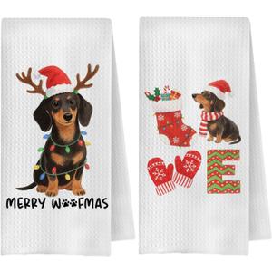 Merry Christmas Dachshund Kitchen Towels, Dachshund Lover Gifts, Weiner Dog Gifts Decorative Hand Towels for Bathroom, Winter Holiday Xmas Sausage Dog Dish Tea Towel, 16x24 Inch Set of 2