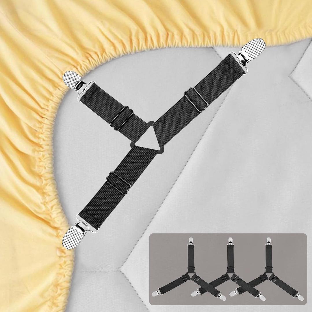 4pcs Bed Sheet Straps Holders, Adjustable Non Slip Elastic Bedsheet Grippers Triangle Mattress Suspenders, Keep in Place Fitted Bed Sheet Holders for Corners, Sofa Cushion, Mattress Cover Straps Black