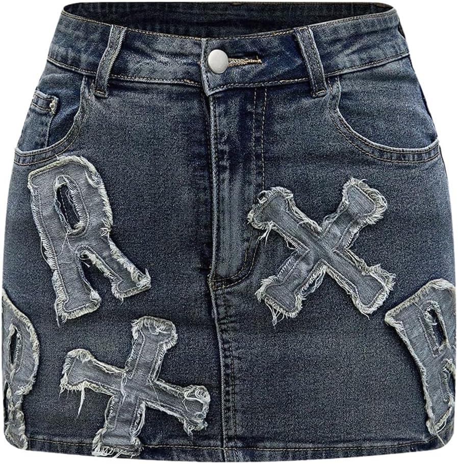 Floerns Women's Distressed Letter Embroidered Denim Skirt Casual Mini Pencil Jean Skirts Grey Blue Small