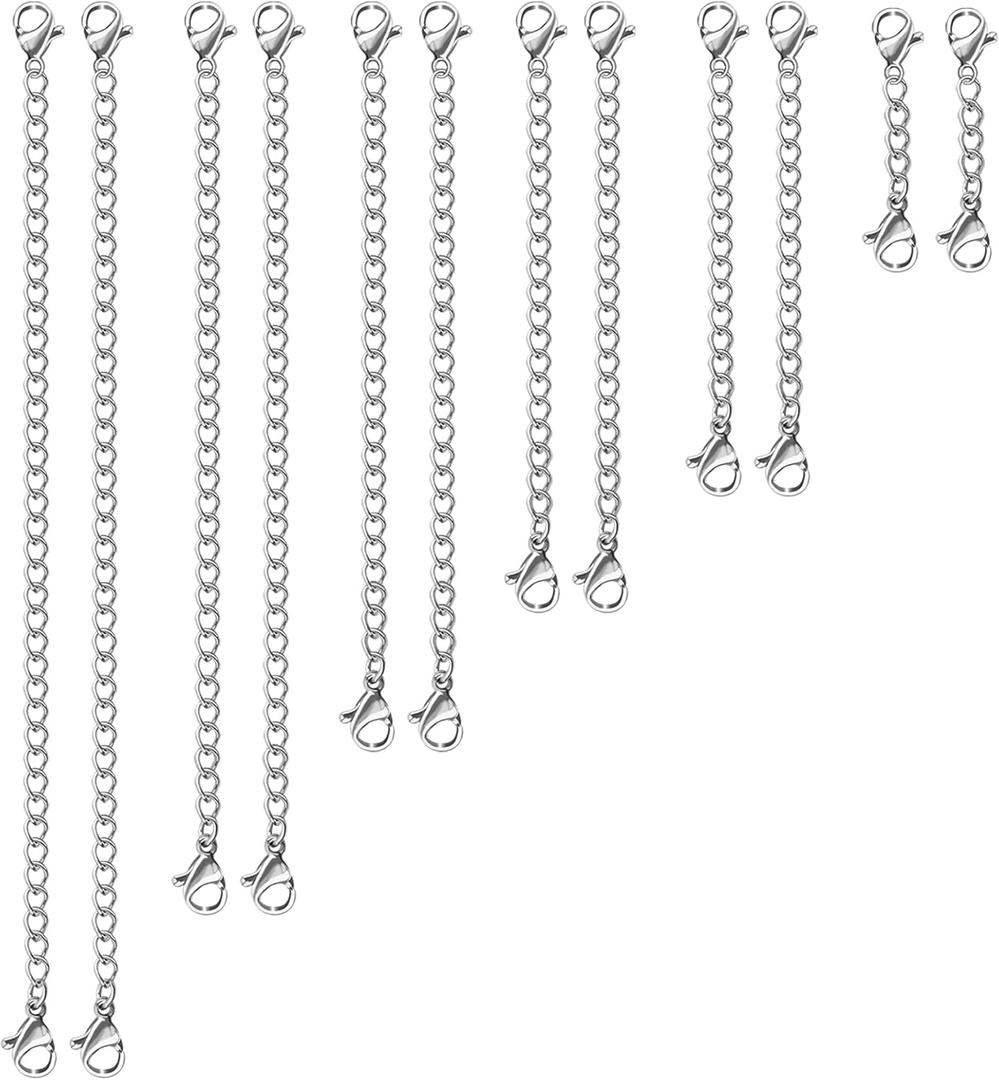 UUBAAR 12 PCS Necklace Extenders - Stainless Steel Necklace Extension Chain for Jewelry, Bracelets & Anklets (1"-6" Lengths, Silver)