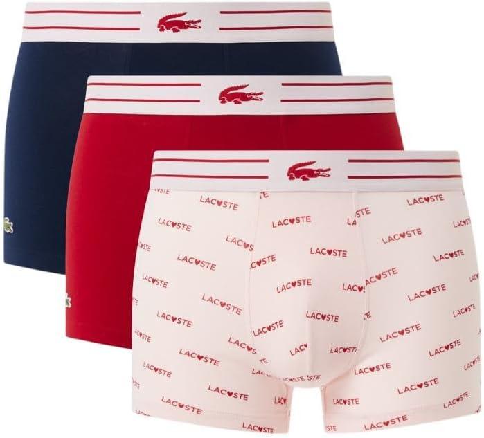 Lacoste Men's Cotton Stretch Lacoste Diagonal Print Trunks, 3-Pack (Large, Navy Blue/Dog Rose/Ladybird Red)