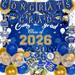 Blue and Gold Graduation Decorations 2026 with Congrats Grad Banner, Graduation Cake Topper, Backdrop, Hanging Swirls, Balloons for Class of 2026