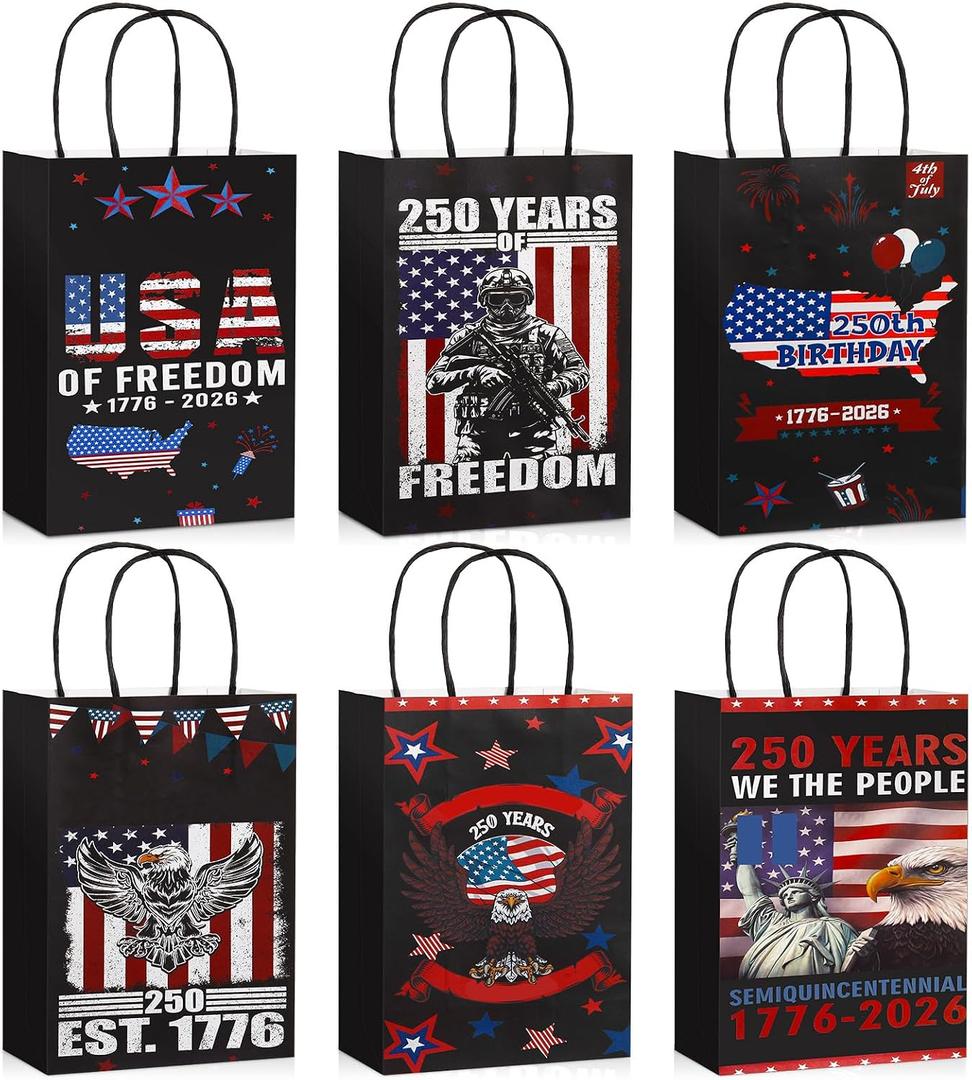 24 Pcs 250th Anniversary Bags Patriotic Gift Bags with Handles 4th of July 1776-2026 250 Anniversary Years Freedom Paper Bag Patriotic Decoration for Independence Day Memorial Day Party Supplies