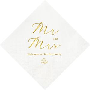 Crisky 100 Pcs Napkins for Wedding  Mr and Mrs Our Beginning Anniversary Beverage Napkins 3-Ply Gold Foil Cocktail Napkins for Wedding Anniversary Shower