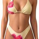 MakeMeChic Women's Polka Dots Triangle Thong Bikini Sets Floral Cute Bathing Suit Swimsuits Yellow Floral Small