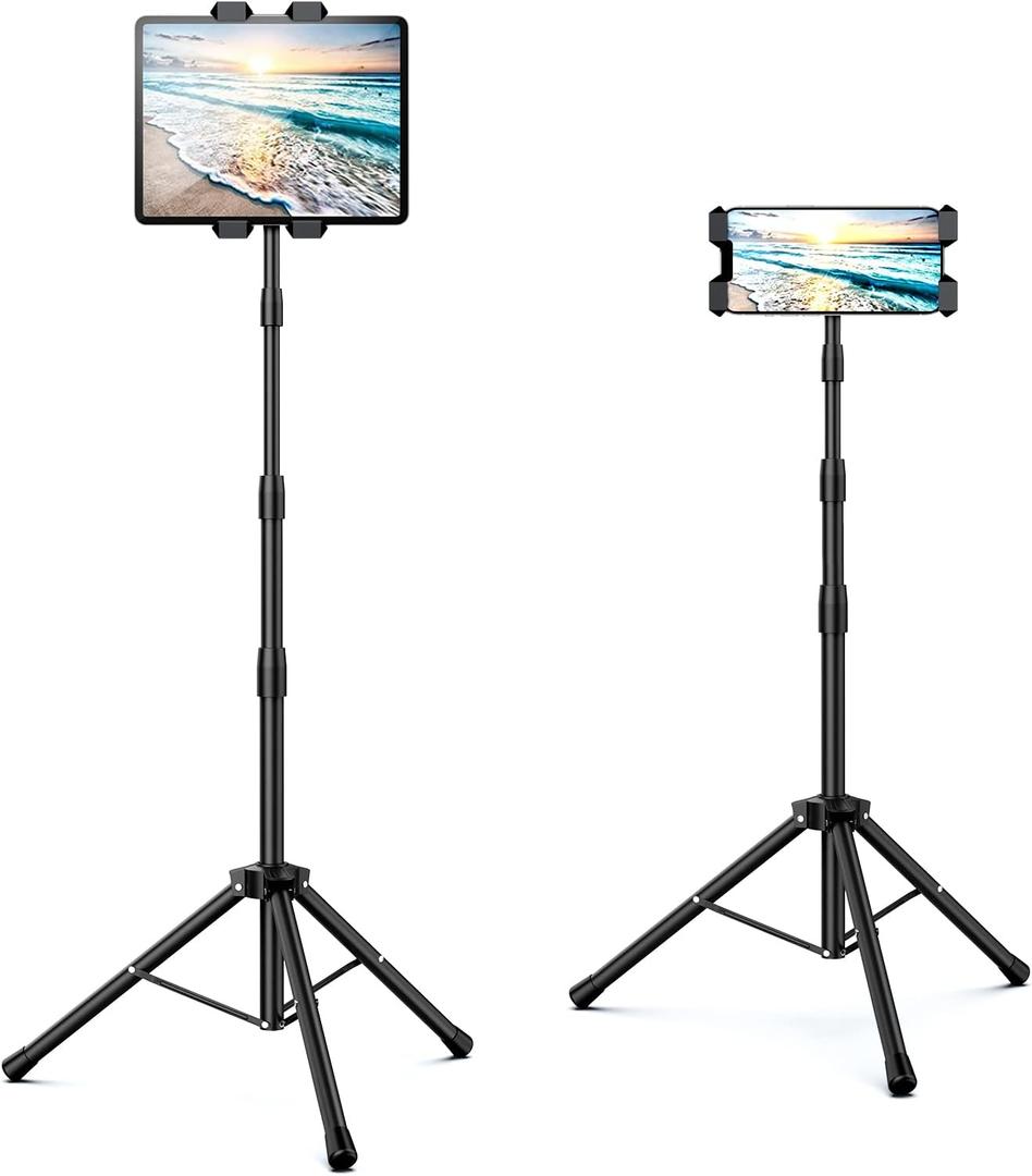 Raking Tablet Floor Stand, Height Adjustable Cellphone Floor Stand with 360Rotating Tripod Mount, Compatible with iPhone iPad Mini/Air/Pro and All 5.5-12.9 Inch Devices