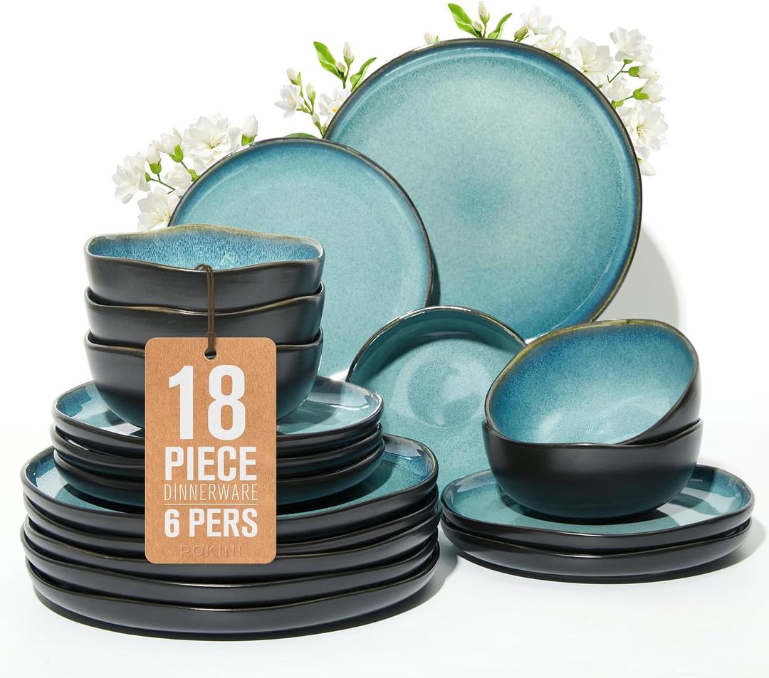 Pokini Ceramic Dinnerware Sets for 6, 18pcs Plates and Bowls Sets Dish Set | Stoneware Dishware sets, Microwave & Dishwasher Safe, Cereal Bowls and Dinner Plates Set, Stackable Dishes Set, Green Black