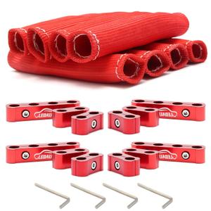 LEDAUT Red 8Cyl Spark Plug Heat Shield Protector and 12pc Engine Separator Insulating Fire Sleeve Wire Protector with Divider Suit for 8mm 9mm 10mm (18PCS)