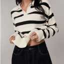 Verdusa Women's Striped Pullover Sweater Old Money Knit Tops Collared V Neck Jumpers Spring Fall Clothes (L)