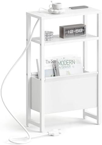 IRCPEN Narrow Side Table with Charging Station Slim End Table Sofa with Magazine Rack, Bedside Table for Small Spaces, 3 Tier Nightstand for Living Room Couch, Bedroom White LET503WE