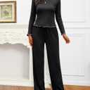 Gargenwed Women's Two-Piece Lounge Set, Long Sleeve Top and Wide Leg Pants with Pocket Casual Comfort Outfit (X-Large, Black)