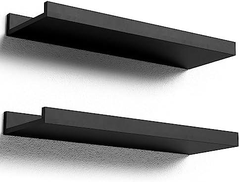 Boswillon Floating Shelves Wall Mounted Set of 2, Modern Black Wall Shelves for Storage with Lip, Display Picture Ledge Shelf for Wall Decor Bedroom Living Room Bathroom Kitchen 17inch