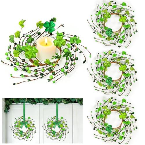 4 Pcs St Patricks Day Decorations 11.8 Inch Small Shamrock Wreath Mini St Patricks Wreaths with Green Berried Flowers St Patricks Day Wreaths for Door Window Wall Cabinets Kitchen Table Mantle