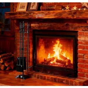 Fire Beauty Fireplace Tools Set 4 Pieces Black Wrought Iron Fire Tool Set for Outdoor/Indoor Include Poker, Shovel, Brush and Stand Accessories Set