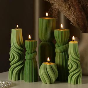 6 Pcs Pillar Candles Modern Aesthetic Ribbed Decorative Candle Set Cute Soy Wax Scented Ribbed Decor for Home(Green,2.36-6.89 Inch)