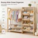 Amdermi Montessori Kids Wardrobe and Toy Storage Organizer with Bins, Wooden Toddler Dress Up Clothes Rack, Open Closet with Shoe Shelves for Childrens Bedroom and Playroom, Natural Wood, 55" x 15" x 51"