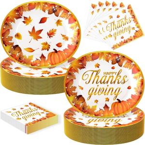100Pcs Thanksgiving Oval Paper Plates and Napkins Set, 10" x 12" Large Disposable Party Plates for Fall Party and Thanksgiving Day